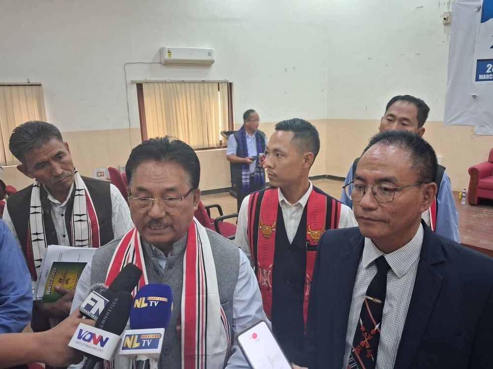 Convener-cum-advisor, Political Affairs Committee, Naga Hoho, HK Zhimomi speaking to the media following the hoho’s second Federal Assembly in Dimapur on March 28. (Morung Photo)